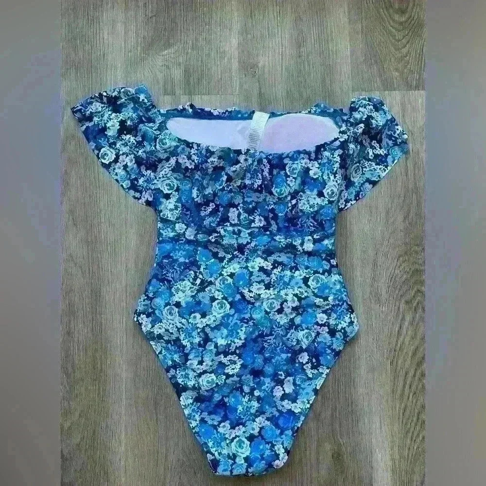 Blue floral one piece swimsuit, size small, off the shoulder w/ruflle - Picture 3 of 7